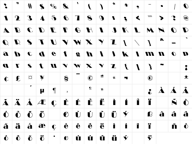 Broadway Lefty Regular  glyph index