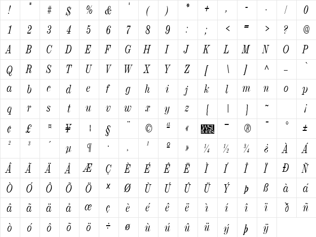 RubyScriptNarrow Regular  glyph index