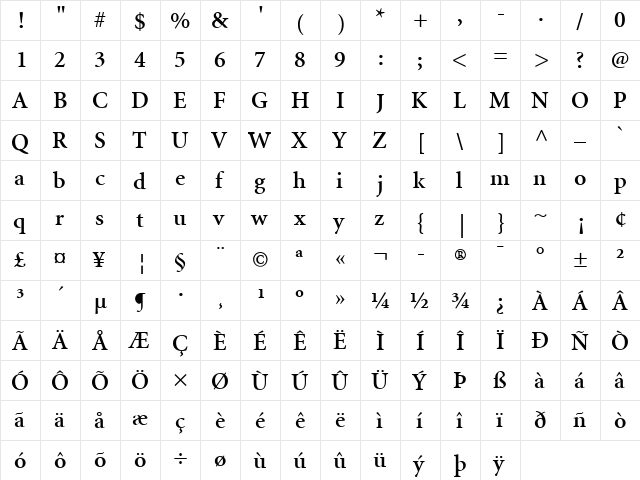 Minion LT Bold  glyph index