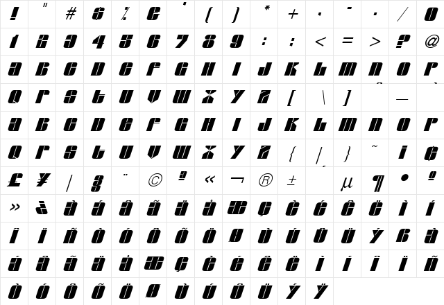 Glacier Italic  glyph index