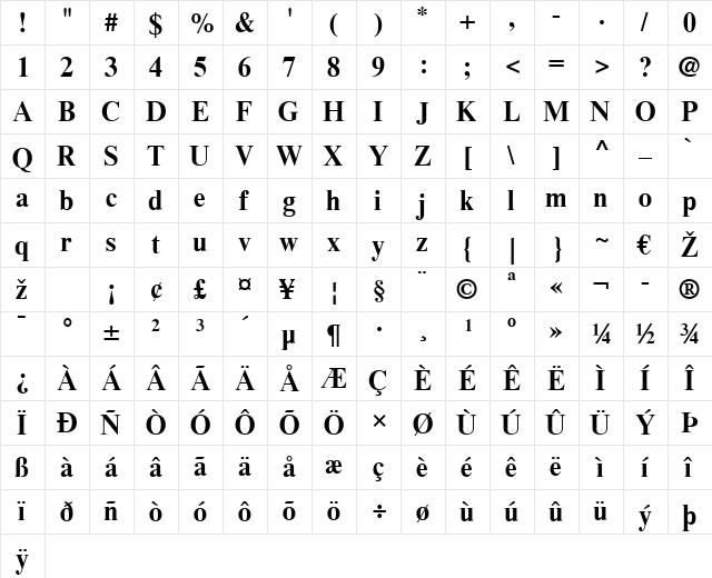 TimesEighteen LT Roman Bold  glyph index