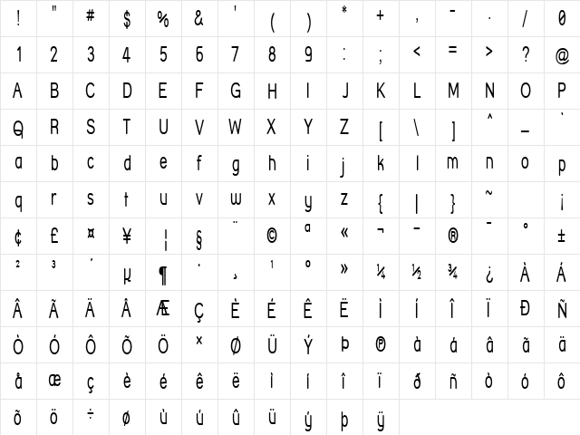 Street Corner Narrow Regular  glyph index