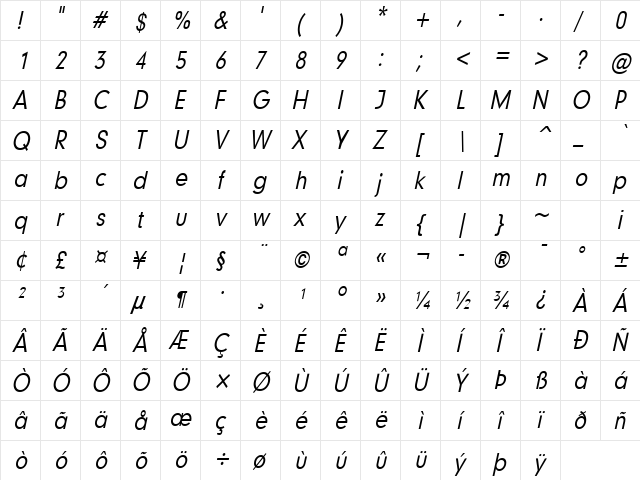 Geo 579 Condensed Italic  glyph index