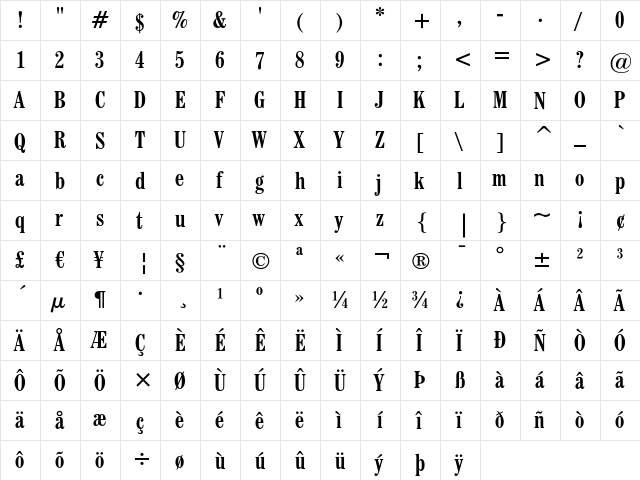 Century Schoolbook Bold Condensed  glyph index