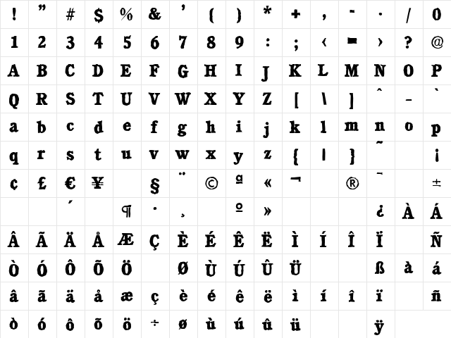 CalgaryAntique-Xbold Regular  glyph index