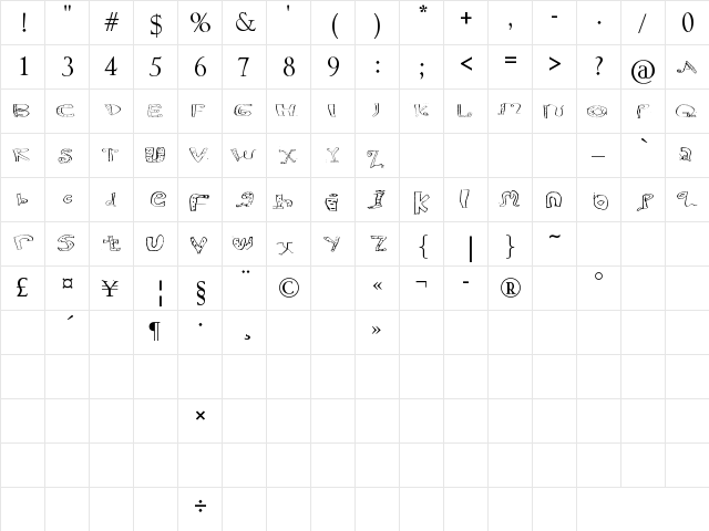 Proper Font Regular  glyph index