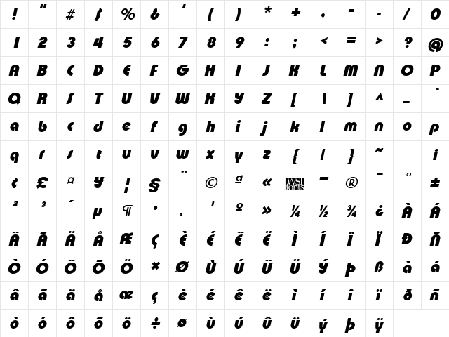 XpressiveBlack Italic  glyph index