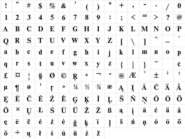 NewtonBTT Bold  glyph index