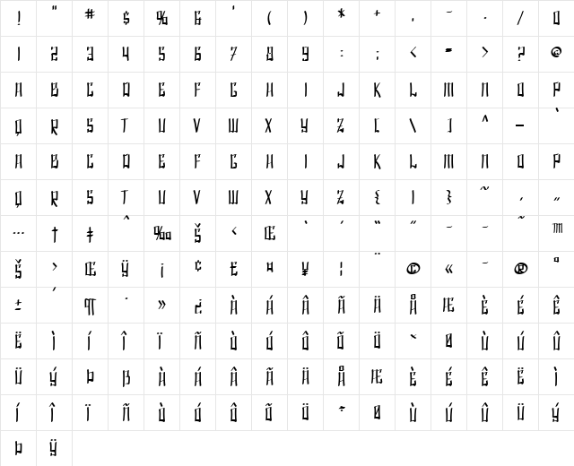SF Shai Fontai Regular  glyph index