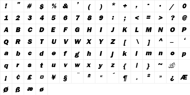 Franklin Gothic Black SSi Extra Bold Italic  glyph index