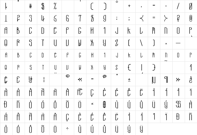 Wooder Plain  glyph index