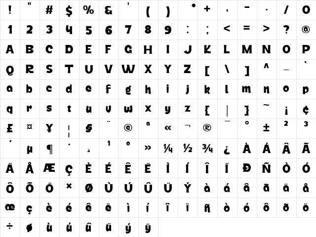 Winear Regular  glyph index