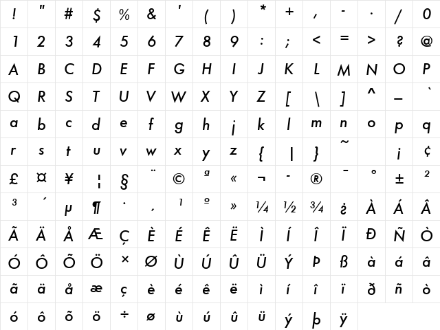 FuturaTMed Italic  glyph index