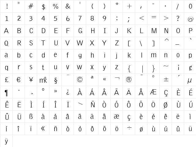 EmkaSansCondensed Regular  glyph index