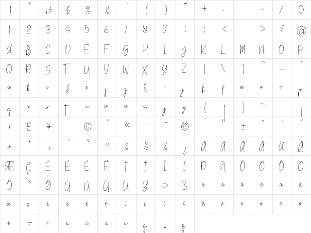 Kallyta Regular  glyph index