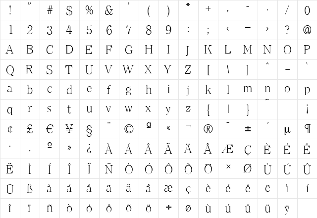 ClearfaceSerial-Xlight Regular  glyph index