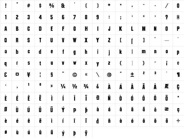 College TM Contour  glyph index
