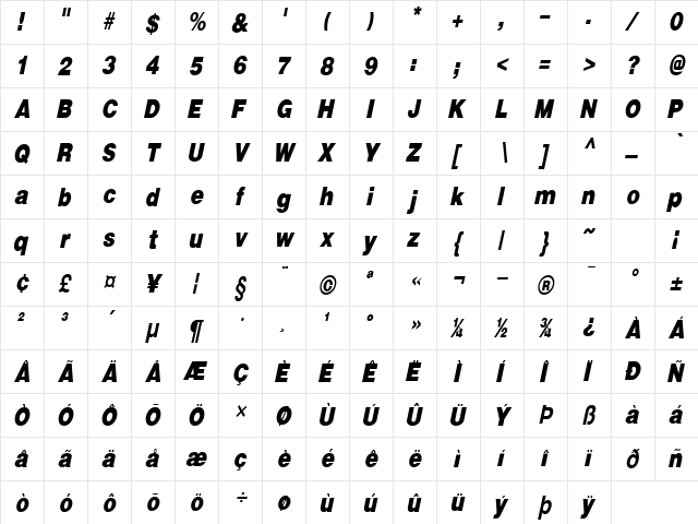 Kathryn-Condensed Italic  glyph index