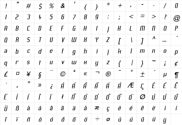 XenomorphSans Italic  glyph index