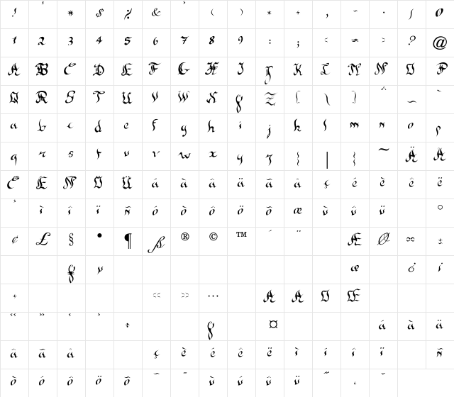 New gothic Regular  glyph index