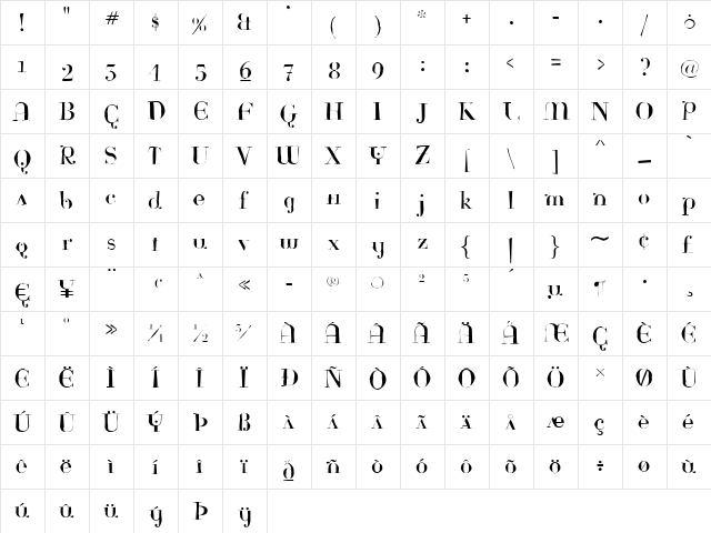 Rina Gaunt Regular  glyph index