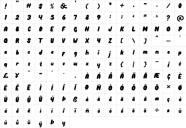 Unicorn Pop Regular  glyph index