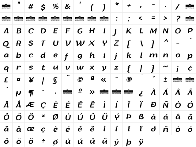 Arturo Trial Italic  glyph index