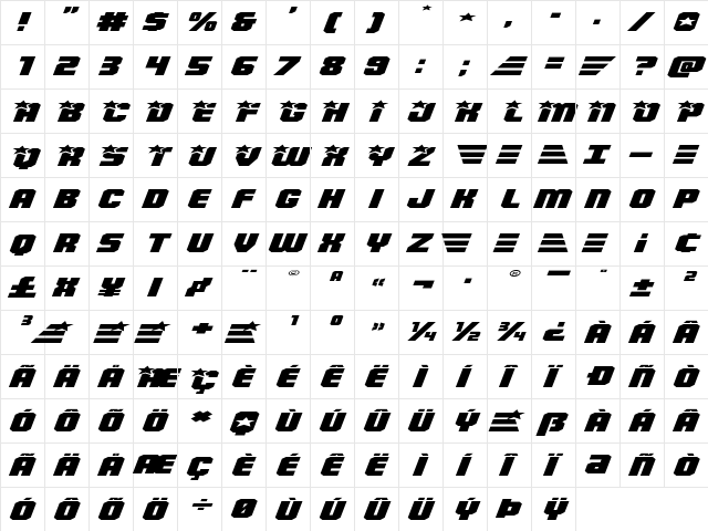 Army Rangers Super-Expanded Italic Expanded Italic  glyph index