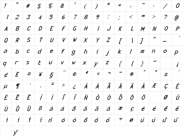 Rover 2 Italic  glyph index