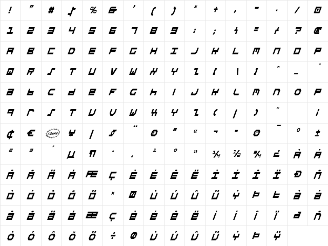 Stuntman Condensed Italic Condensed Italic  glyph index