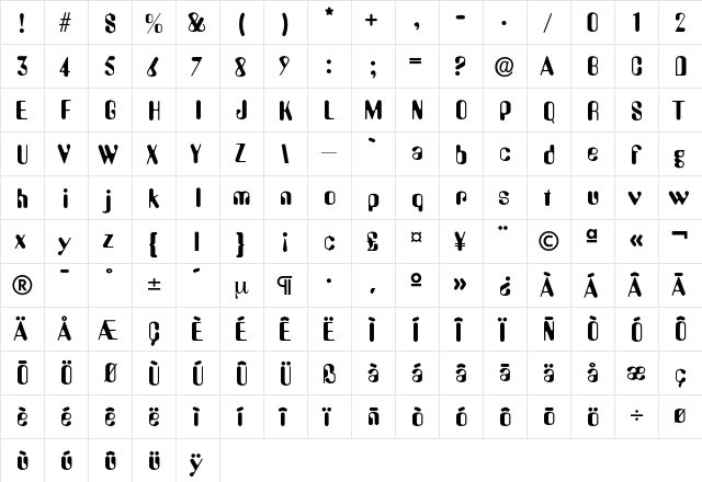 Amelia Regular  glyph index