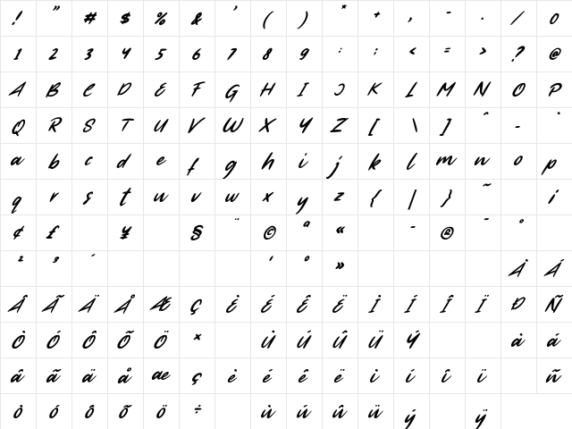 First Time Italic Regular  glyph index