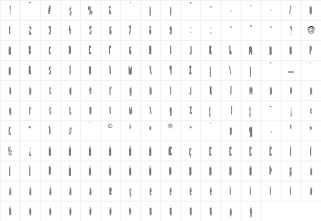 Arcadia Regular  glyph index