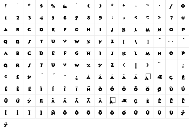Upbeat Regular  glyph index