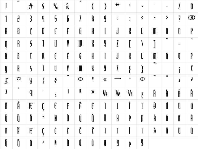 ThirdGenerationCondensed Regular  glyph index