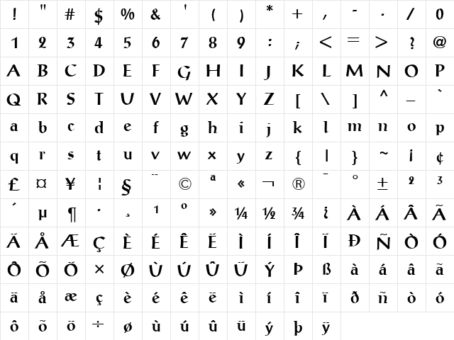 Post Antiqua BE Bold  glyph index