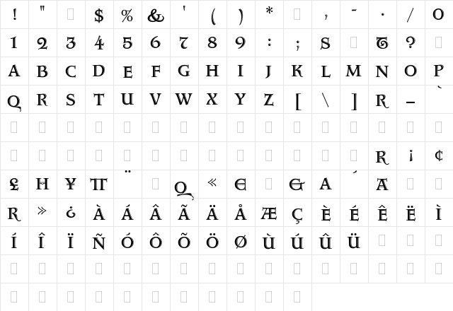 AquitaineInitialsPlain Regular  glyph index