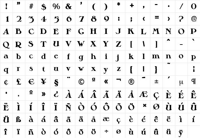 MelbourneSerial-Xbold Regular  glyph index