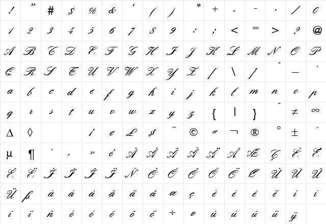 ElegantHandTwo Bold  glyph index