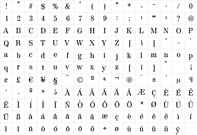 ValenciaSerial-Medium Regular  glyph index