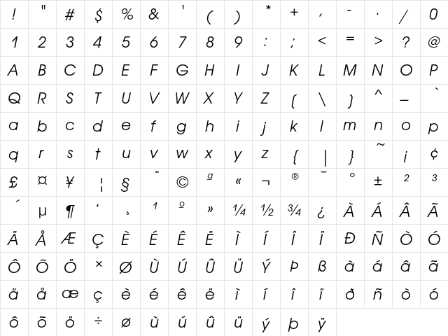 AvantGardEF BookOblique  glyph index