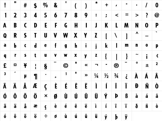 Tempo LT HeavyCondensed Regular  glyph index
