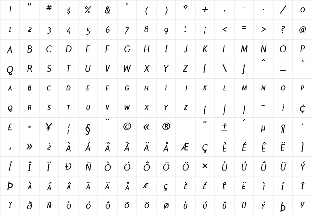 Polymer Caps Book Italic  glyph index