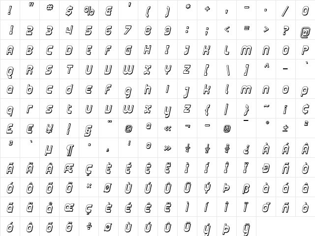 Plasmatica Shaded Italic  glyph index