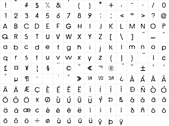 Avanti Romero Regular  glyph index