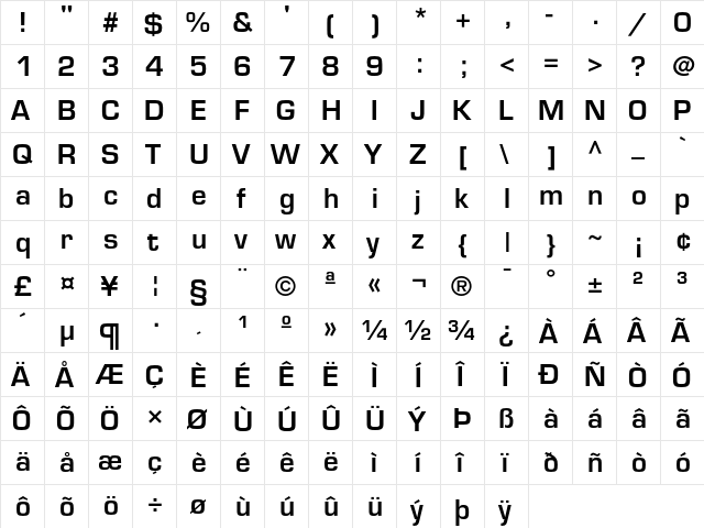 Eurostile Demi  glyph index