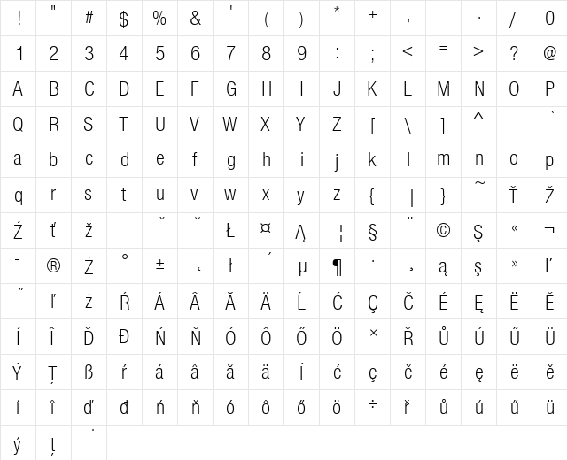 NimbusSanDEELigCon Regular  glyph index