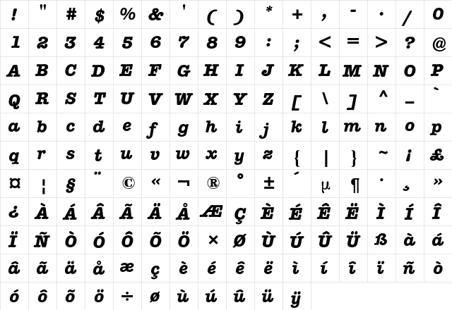 American Typewriter BQ Regular  glyph index