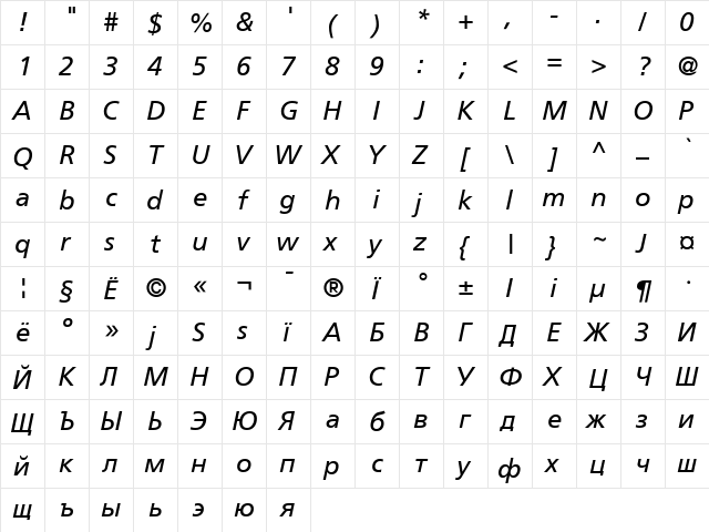 Foreigner-Italic Medium  glyph index