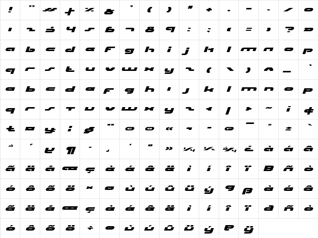 uni-sol expanded italic expanded italic  glyph index